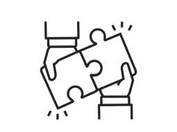 Line icon outline of two hands placing a puzzle piece together